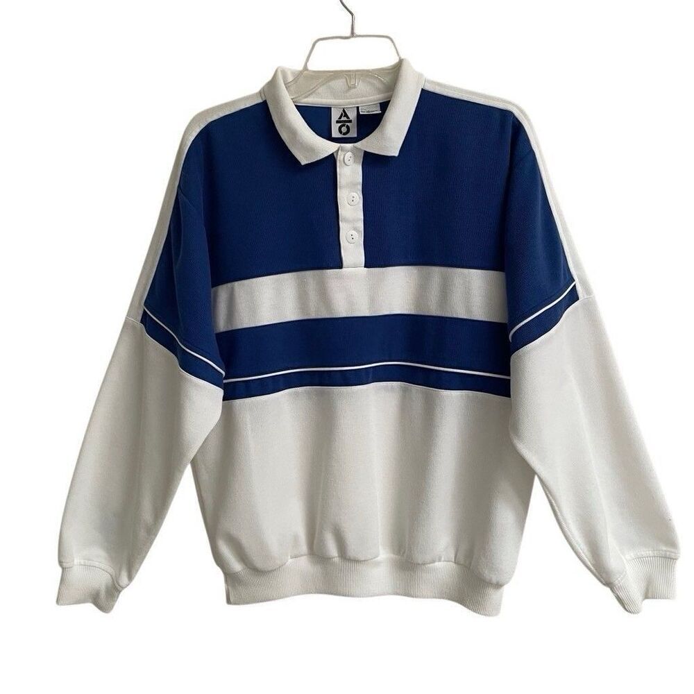 Vtg 80-90s Streetwear Mens L Color Block Collared Sweatshirt Buttons Blue White